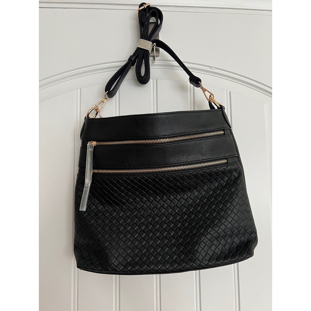 Mellow World Black Vegan Leather Crossbody Bag Woven Texture Gold Hardware NWT - Picture 14 of 14
